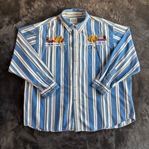 Womens Striped Embroidered Scarecrow Sunflowers Button Up Shirt Blue White Large